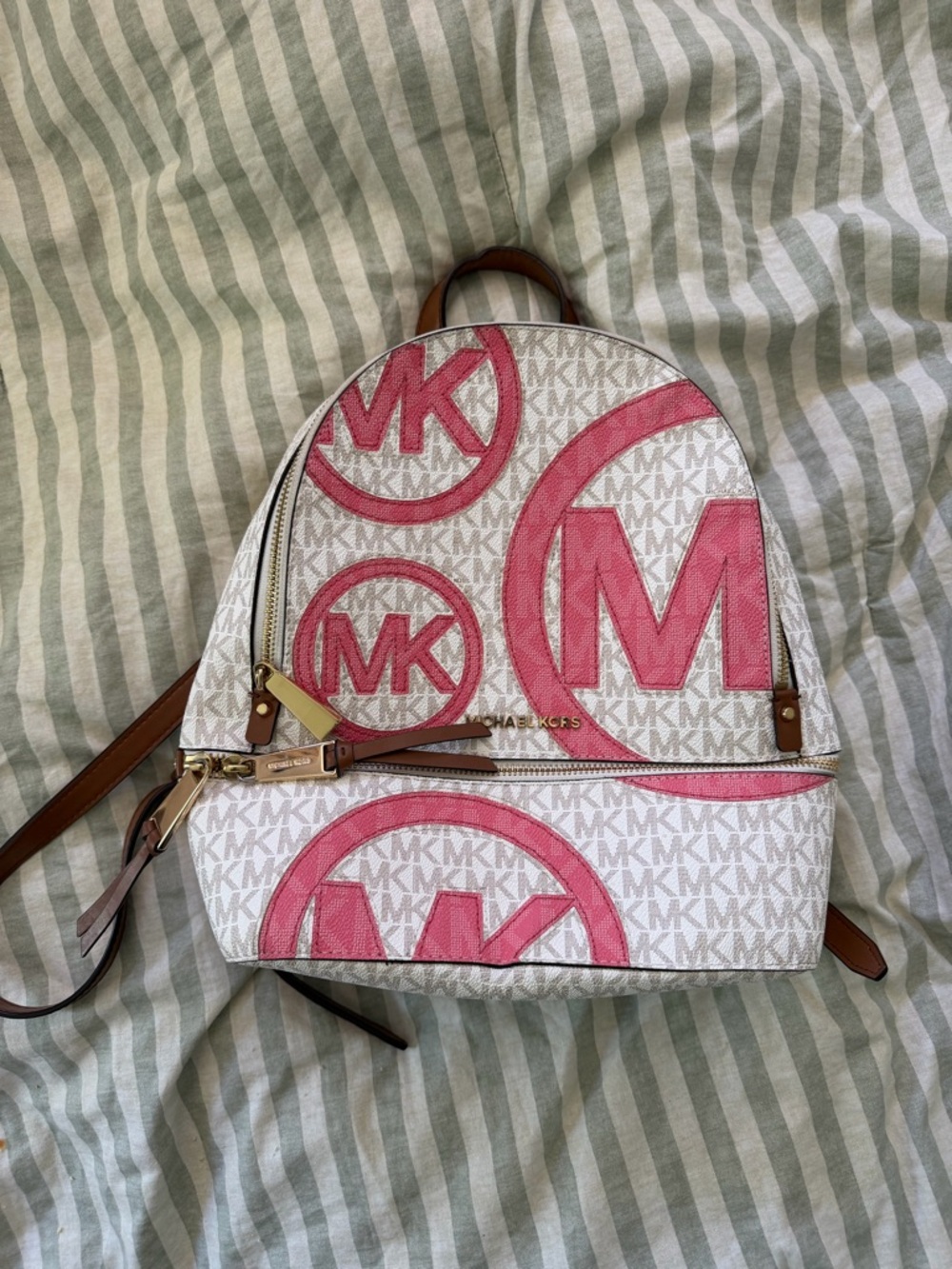 Michael Kors White and Pink MK Logo Dome Backpack